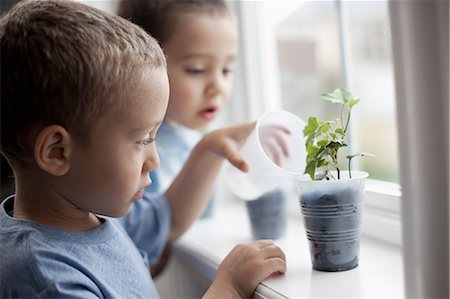 simsearch:6118-08660001,k - A young boy looking at young plants in pots growing on a windowsill. Stock Photo - Premium Royalty-Free, Code: 6118-08351999