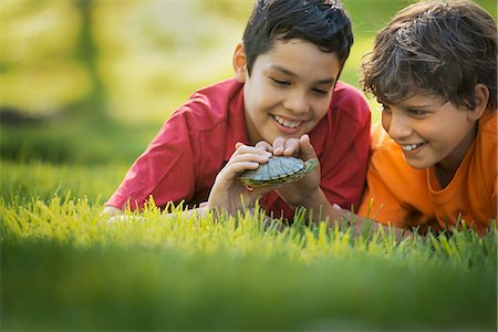 Two boys lying on the grass one holding a terrapin or small turtle. Photographie de stock - Premium Libres de Droits, Code: 6118-08488330