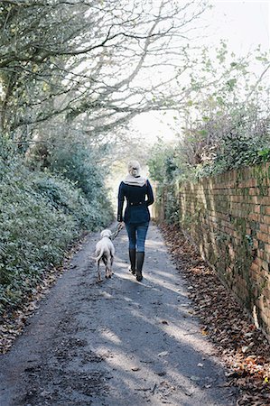 simsearch:6118-07731937,k - A woman walking with a dog on a country lane. Photographie de stock - Premium Libres de Droits, Code: 6118-08521766