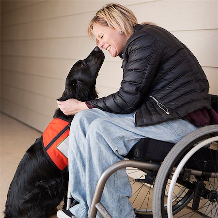 disability - A mature woman wheelchair user with her service dog, a black Labrador, leaning in towards each other. Foto de stock - Sin royalties Premium, Código: 6118-08659724