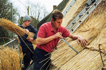 people carrying the ladder - Two men thatching a roof, layering yelms of straw. Stock Photo - Premium Royalty-Free, Code: 6118-08660191