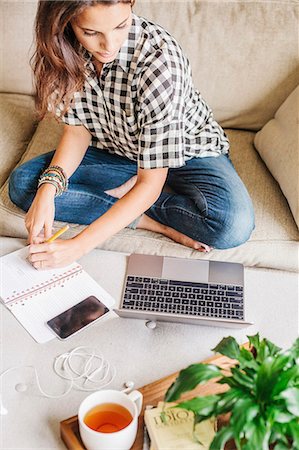 simsearch:6118-08729154,k - Woman with long brown hair sitting on a sofa with a laptop computer and notebook, working. Foto de stock - Sin royalties Premium, Código: 6118-08729156