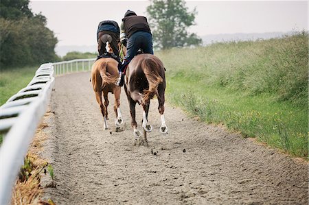 Two horses and riders on a gallops path, racing against each other in a training exercise. Racehorse training. Stock Photo - Premium Royalty-Free, Code: 6118-08882899