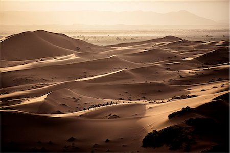 simsearch:6118-08991568,k - Desert landscape with caravan walking across sand dunes, a plain in the distance. Fotografie stock - Premium Royalty-Free, Codice: 6118-08991568