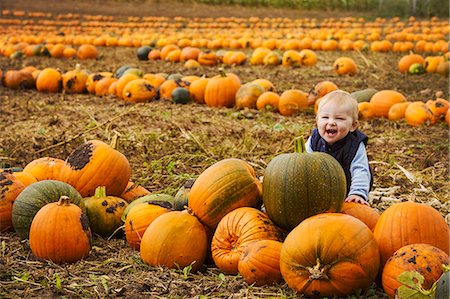 simsearch:6118-07353653,k - A small boy sitting among rows of bright yellow, green and orange pumpkins in a field, laughing. Foto de stock - Sin royalties Premium, Código: 6118-09059682