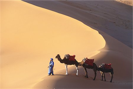 simsearch:6118-09076526,k - High angle view of man leading three camels through a desert. Photographie de stock - Premium Libres de Droits, Code: 6118-09076397