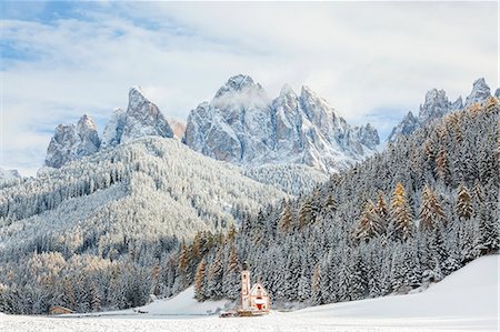 simsearch:400-08071233,k - Winter landscape with church, forest and snow-capped mountains. Stock Photo - Premium Royalty-Free, Code: 6118-09076456