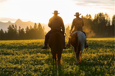 Two cowboys riding on horseback in a Prairie landscape at sunset. Stock Photo - Premium Royalty-Free, Code: 6118-09076430