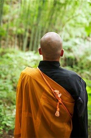 simsearch:6118-09079564,k - Rear view of Buddhist monk with shaved head wearing black and yellow robe, standing outdoors. Fotografie stock - Premium Royalty-Free, Codice: 6118-09079386