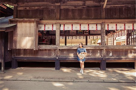 simsearch:6118-09079556,k - Young woman wearing blue dress and holding hat standing at Shinto Sakurai Shrine, Fukuoka, Japan. Foto de stock - Sin royalties Premium, Código: 6118-09079539