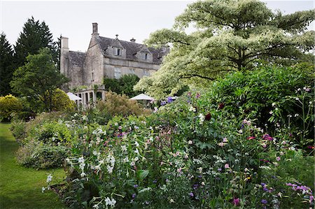 residential structure - Exterior view of a 17th century country house from a garden with flower beds, shrubs and trees. Foto de stock - Sin royalties Premium, Código: 6118-09018470