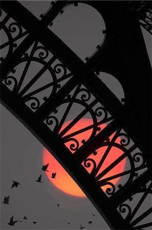 Detail of cast iron arch of Eiffel Tower, Paris, France, at night, with full moon and flock of birds in background. Photographie de stock - Premium Libres de Droits, Code: 6118-09144915