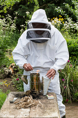 simsearch:695-05768946,k - Beekeeper wearing protective suit at work, lighting fire in metal smoker to calm bees. Photographie de stock - Premium Libres de Droits, Code: 6118-09183285