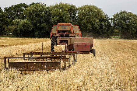 simsearch:649-06353290,k - Tractor and straw baler in wheat field, farmer baling straw. Fotografie stock - Premium Royalty-Free, Codice: 6118-09183458