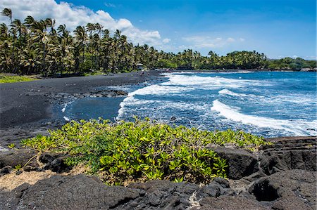 Punaluu Black Sand Beach on Big Island, Hawaii, United States of America, Pacific Foto de stock - Sin royalties Premium, Código: 6119-07443857