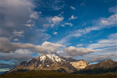 Early morning light on the towers of the Torres del Paine National Park, Patagonia, Chile, South America Stock Photo - Premium Royalty-Free, Code: 6119-07453019