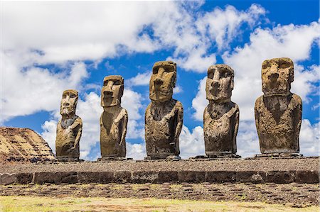 south america travel color - Details of moai at the 15 moai restored ceremonial site of Ahu Tongariki on Easter Island (Isla de Pascua) (Rapa Nui), UNESCO World Heritage Site, Chile, South America Stock Photo - Premium Royalty-Free, Code: 6119-07587362