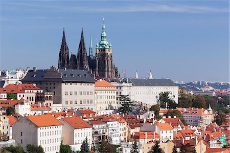 Castle District Hradcany with St. Vitus Cathedral and Royal Palace seen from Petrin Hill, UNESCO World Heritage Site, Prague, Bohemia, Czech Republic, Europe Stock Photo - Premium Royalty-Free, Code: 6119-07587386
