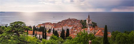 panoramic sun - Piran and the Mediterranean Sea, seen from Piran Town Walls, Piran, Primorska, Slovenian Istria, Slovenia, Europe Stock Photo - Premium Royalty-Free, Code: 6119-07845439