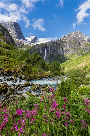 Slow shutter speed silky water of the Olden River as it flows along Briksdalen, Olden, Nordfjord, Norway, Scandinavia, Europe Stock Photo - Premium Royalty-Free, Code: 6119-07943627