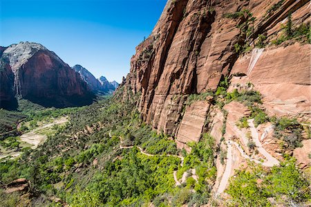 View over the cliffs of the Zion National Park and the Angel's Landing trail, Zion National Park, Utah, United States of America, North America Stock Photo - Premium Royalty-Free, Code: 6119-07944003