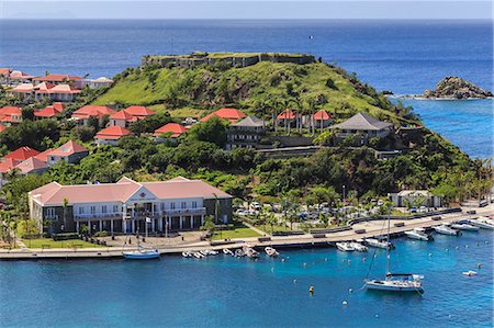 Elevated view, Hotel de la Collectivitie and Fort Oscar from Fort Gustave, Gustavia, St. Barthelemy (St. Barts (St. Barth), West Indies, Caribbean, Central America Stock Photo - Premium Royalty-Free, Code: 6119-08062016