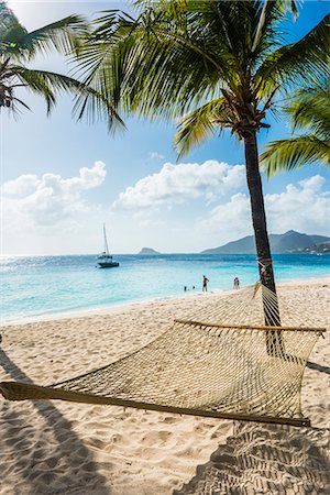 st vincent - Hammock between two palms on a sandy beach, Palm Island, The Grenadines, St. Vincent and the Grenadines, Windward Islands, West Indies, Caribbean, Central America Foto de stock - Sin royalties Premium, Código: 6119-08062380