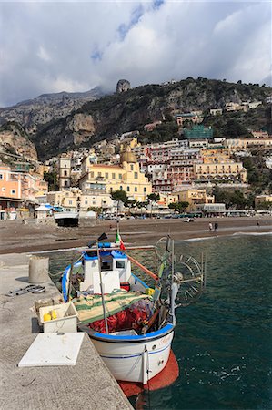 steep hill - Fishing boat at quayside and Positano town, Costiera Amalfitana (Amalfi Coast), UNESCO World Heritage Site, Campania, Italy, Europe Stock Photo - Premium Royalty-Free, Code: 6119-08170164