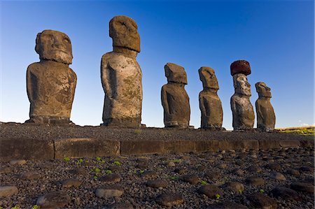 Ahu Tongariki, the largest ahu on the Island, Tongariki is a row of 15 giant stone Moai statues, Rapa Nui (Easter Island), UNESCO World Heritage Site, Chile, South America Stock Photo - Premium Royalty-Free, Code: 6119-08269314