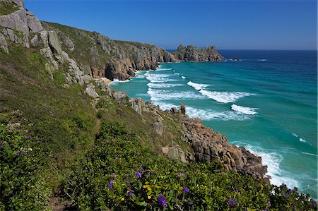 england coast - Surf and turquoise sea at Pednvounder beach in summer sunshine, Treen Cliff, near Porthcurno, Lands End Peninsula, West Penwith, Cornwall, England, United Kingdom, Europe Stock Photo - Premium Royalty-Free, Code: 6119-08269985