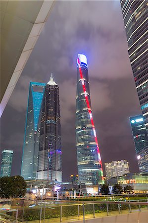 futuristic towers - Pudong financial district at night, Shanghai, China, Asia Stock Photo - Premium Royalty-Free, Code: 6119-08420402