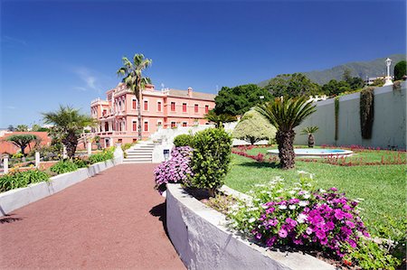 palm path - Jardin Marquesado de la Quinta Gardens, Liceo de Taoro in the background, La Orotava, Tenerife, Canary Islands, Spain, Europe Stock Photo - Premium Royalty-Free, Code: 6119-08517976