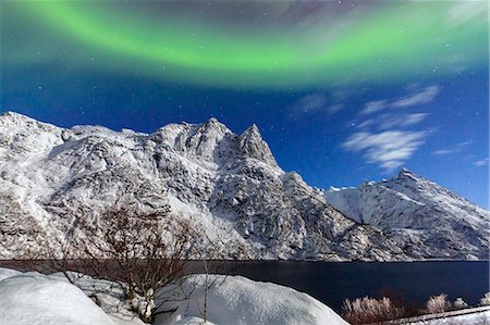 simsearch:6119-08062123,k - Northern Lights (aurora borealis) illuminate the snowy peaks and the blue sky during a starry night, Budalen, Svolvaer, Lofoten Islands, Arctic, Norway, Scandinavia, Europe Photographie de stock - Premium Libres de Droits, Code: 6119-08641093