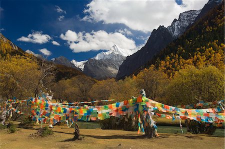 Prayer flags and Xiaruoduojio mountain, Yading Nature Reserve, Sichuan Province, China, Asia Stock Photo - Premium Royalty-Free, Code: 6119-08740952