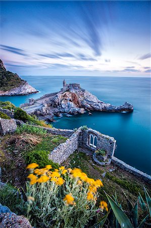 portovenere - Flowers and blue sea frame the old castle and church at dusk, Portovenere, UNESCO World Heritage Site, La Spezia Province, Liguria, Italy, Europe Foto de stock - Royalty Free Premium, Número: 6119-08797163