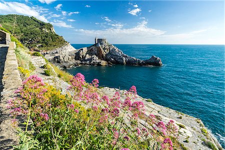 Flowers and blue sea frame the old castle and church on the promontory, Portovenere, UNESCO World Heritage Site, La Spezia Province, Liguria, Italy, Europe Stock Photo - Premium Royalty-Free, Code: 6119-08797164