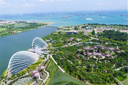 High view overlooking the Gardens by the Bay botanical gardens with its conservatories and Supertree Grove, Singapore, Southeast Asia, Asia Foto de stock - Royalty Free Premium, Número: 6119-08725037