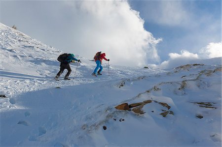 provincia di sondrio - Hikers proceed in the snowy valley of Alpe Fora, Malenco Valley, Province of Sondrio, Valtellina, Lombardy, Italy, Europe Fotografie stock - Premium Royalty-Free, Codice: 6119-09074014