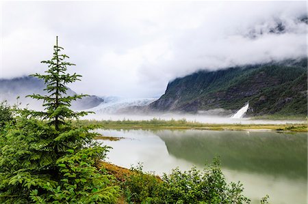 scenic and waterfall - Forest mist and reflections, Mendenhall Glacier and Lake and Nugget Falls Cascade, Tongass National Forest, Juneau, Alaska, United States of America, North America Stock Photo - Premium Royalty-Free, Code: 6119-09085501