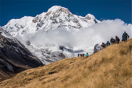 simsearch:6119-09156649,k - A group of Trekkers approaching Annapurna Base Camp, with Annapurna South looming large in the background, Himalayas, Nepal, Asia Foto de stock - Sin royalties Premium, Código: 6119-09147324