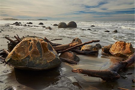 Moeraki Boulders, a group of very large spherical boulders on Koekohe Beach near Moeraki on the coast of Otago, South Island, New Zealand, Pacific Foto de stock - Sin royalties Premium, Código: 6119-09147328