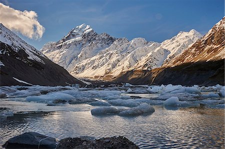 famous places of new zealand - Hooker Glacier Lake in the shadow of Mount Cook (Aoraki), Hooker Valley Trail, Mount Cook National Park, UNESCO World Heritage Site, Southern Alps, South Island, New Zealand, Pacific Stock Photo - Premium Royalty-Free, Code: 6119-09147330