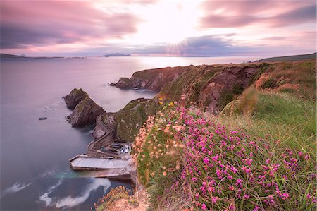 sunset over ocean - Sunset on Dunquin pier (Dun Chaoin), Dingle Peninsula, County Kerry, Munster province, Republic of Ireland, Europe Stock Photo - Premium Royalty-Free, Code: 6119-09161637