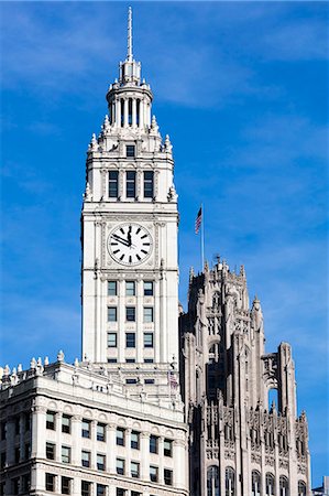 famous architecture buildings chicago - The Wrigley Building clock tower on a sunny day, Chicago, Illinois, United States of America, North America Stock Photo - Premium Royalty-Free, Code: 6119-09161816