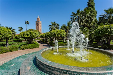 simsearch:6119-07452833,k - View of Koutoubia Mosque and fountain in Parc Lalla Hasna during daytime, Marrakesh, Morocco, North Africa, Africa Stock Photo - Premium Royalty-Free, Code: 6119-09170298