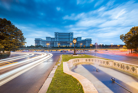 Car light trails at blue hour in front of the huge Palace of Parliament (Palatul Parlamentului), Bucharest, Romania, Europe Stock Photo - Premium Royalty-Free, Code: 6119-09182693