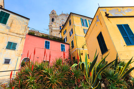 exterior house europe traditional - Flowers among coloured houses of Cervo, Imperia province, Liguria, Italy, Europe Stock Photo - Premium Royalty-Free, Code: 6119-09182712