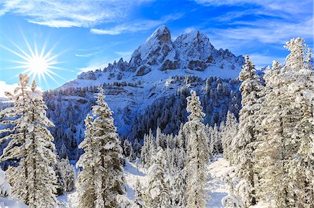 Sass de Putia and forest after a snowfall, Funes Valley, Sudtirol (South Tyrol), Dolomites, Italy, Europe Foto de stock - Sin royalties Premium, Código: 6119-09127073