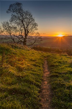 View of sunset from path on Baslow Edge, Baslow, Peak District National Park, Derbyshire, England, United Kingdom, Europe Photographie de stock - Premium Libres de Droits, Code: 6119-09127153