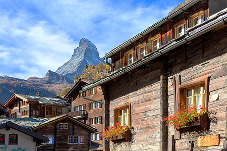 rustic flowers - Wooden houses below Matterhorn in Zermatt, Switzerland, Europe Stock Photo - Premium Royalty-Free, Code: 6119-09253333